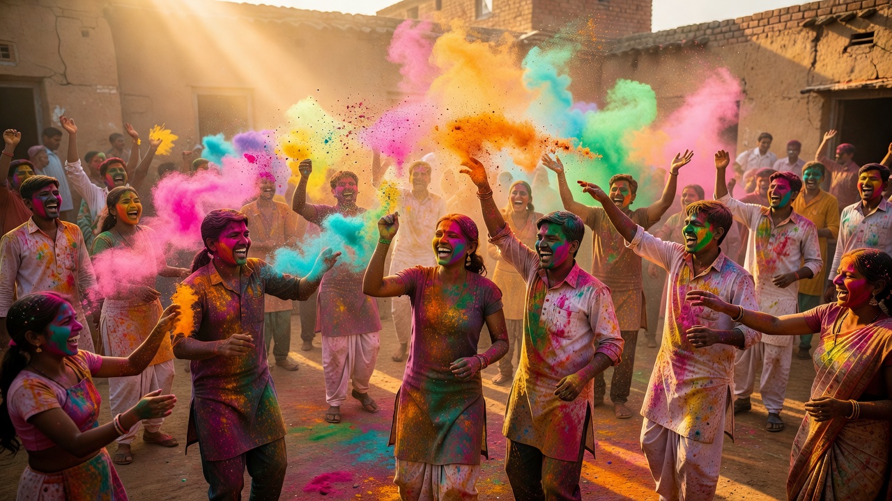 Colorful powders floating in air during vibrant Holi festival in India