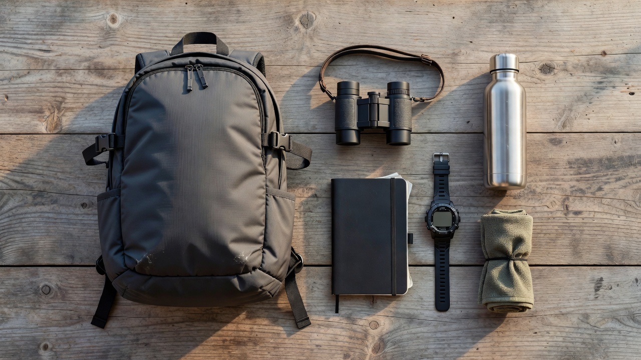 Compact travel backpack and essential gear items laid out on surface