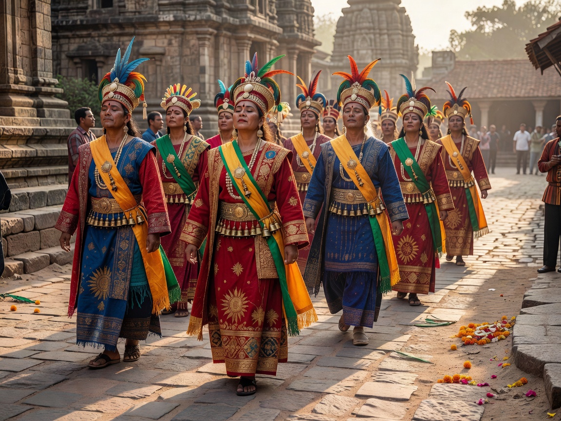 Cultural performers in traditional sacred festival garments