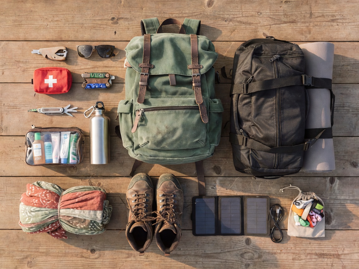 Festival luggage and travel gear essentials spread out on wood surface