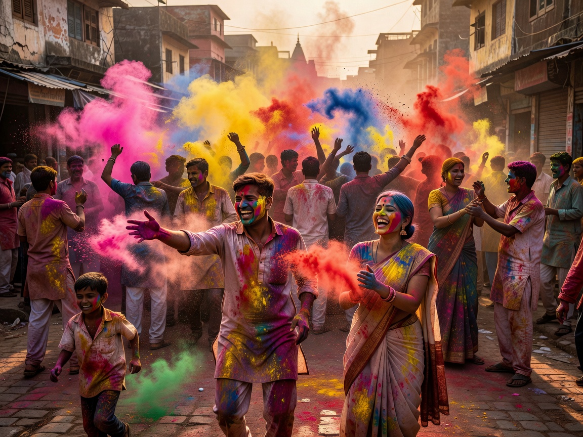 Holi powder colors flying in joyful celebration crowd