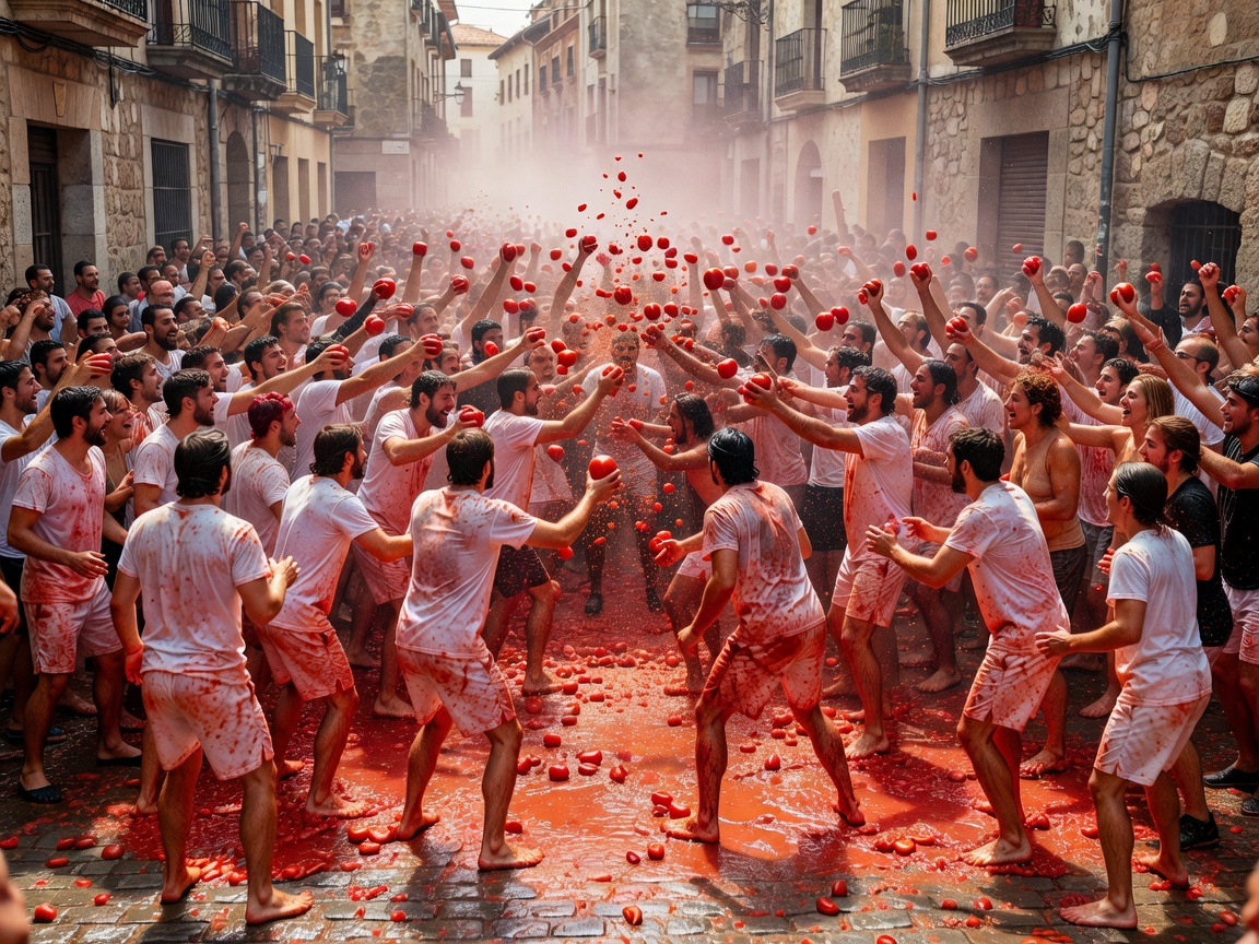 La Tomatina Buñol Festival Crowd throwing tomatoes in street