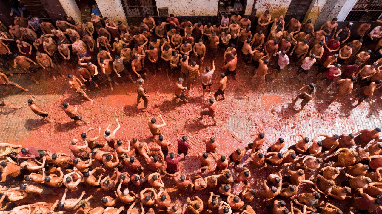 Overhead view of thousands of participants covered in tomato pulp during La Tomatina