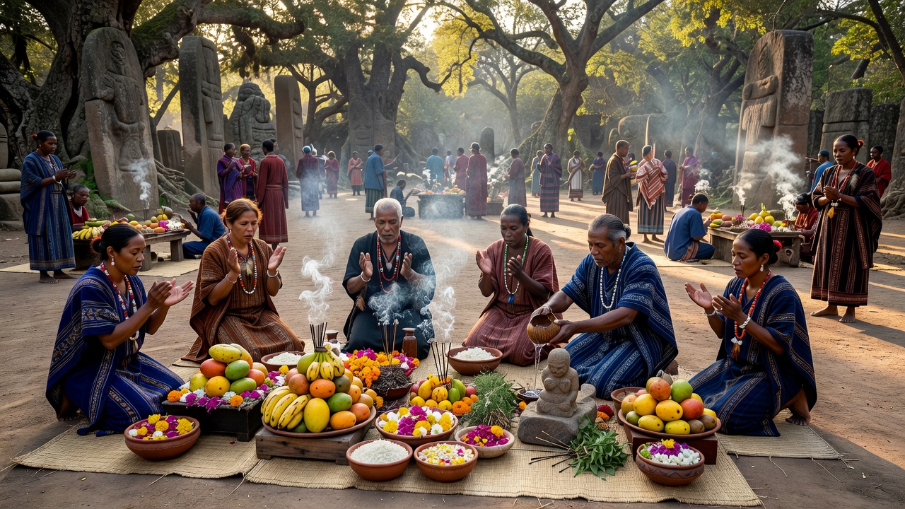 Sacred cultural gathering with traditional offerings and rituals