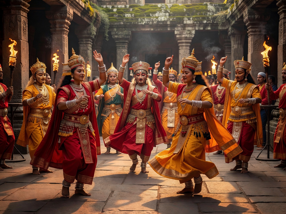 Traditional festival dancers performing in sacred ritual attire