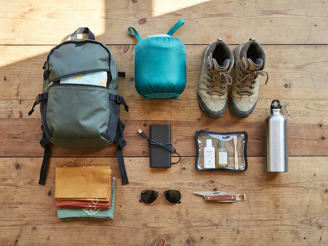 Travel gear and festival packing items laid out neatly