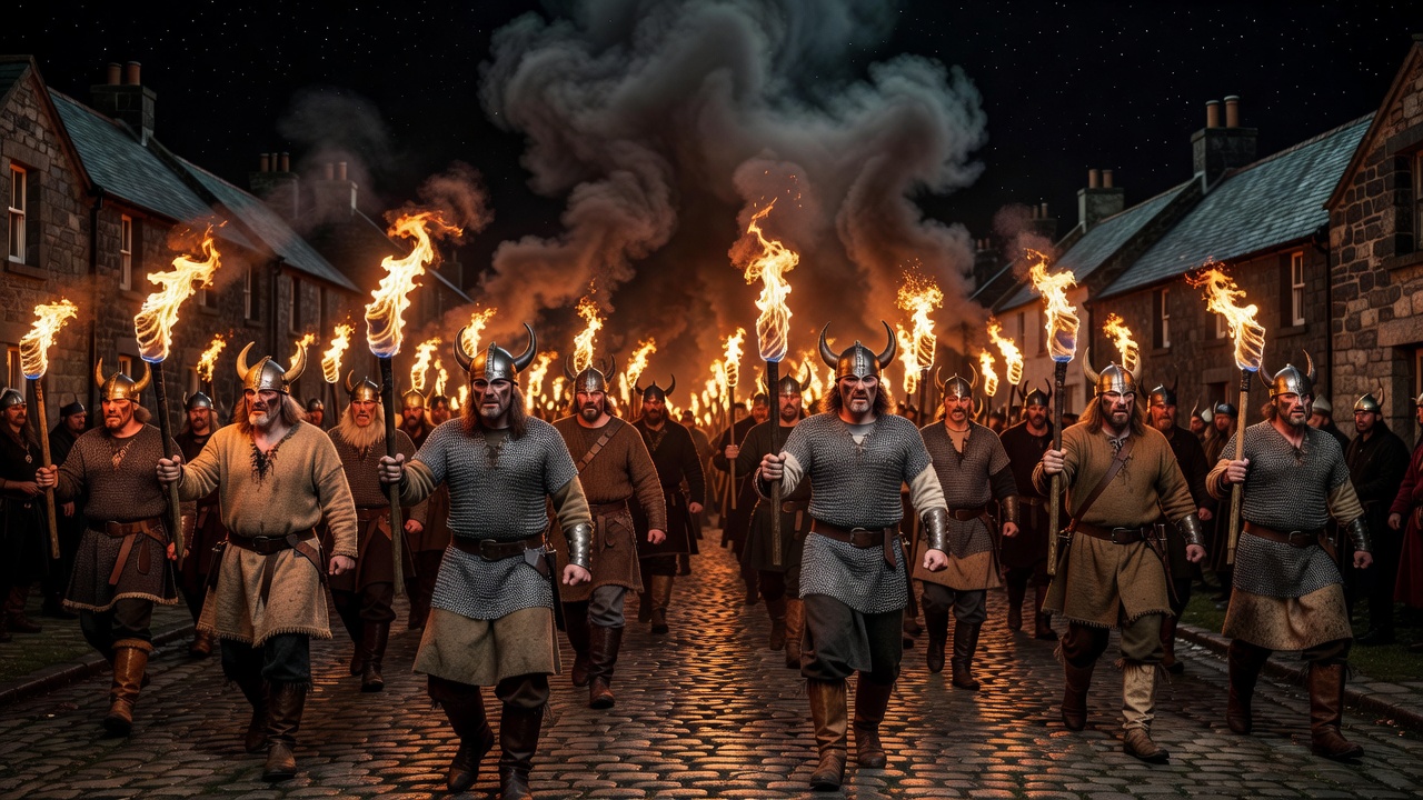 Up Helly Aa Viking torch procession with glowing fires in night sky